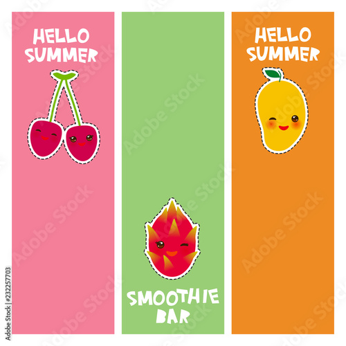 Hello Summer, smoothie bar cute kawaii, fresh cherry, mango, dragon fruit. banner template, card design, fashion patches badges stickers. Vector