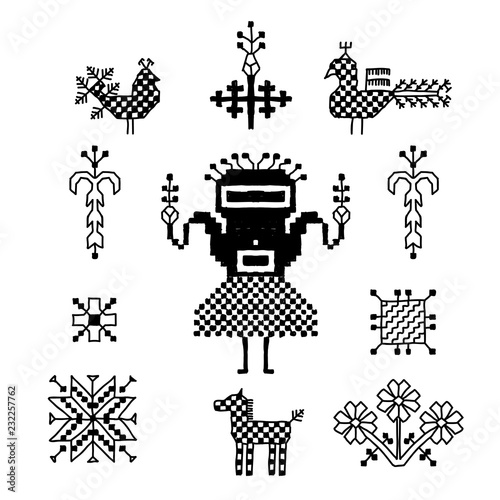 Ornament of Russian folk embroidery, black isolated on white background. Collection of flowers, birds, peacocks, horse, man, geometric ornaments, symbols earth, sun fertility, harvesting. Vector