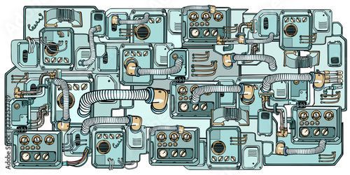 Cyberpunk robots mechanisms and machines. Details of the spacecr