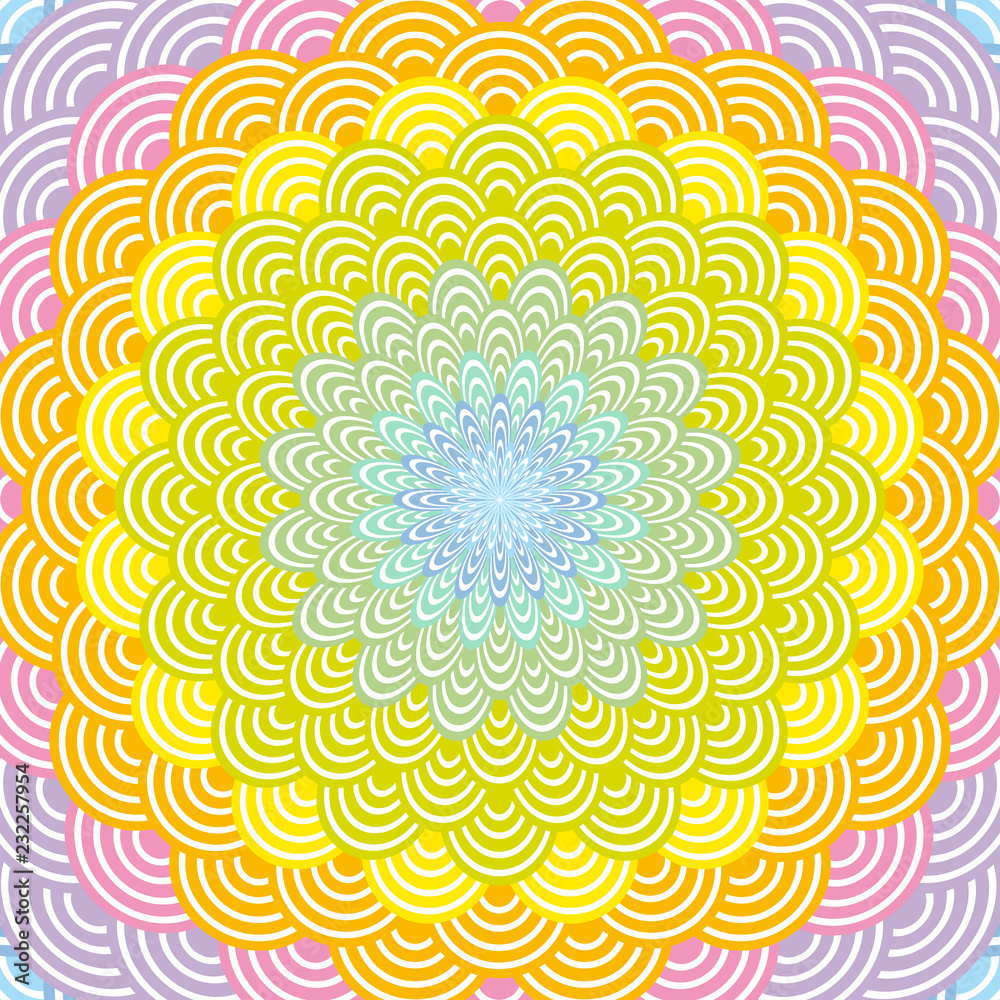 Abstract Round Wreath composition rainbow frame. scales simple Nature rainbow background with Asian wave circle pattern Green yellow orange pink purple blue colors card banner design. Vector Abstract Round Wreath composition rainbow frame. scales simple Nature rainbow background with Asian wave circle pattern Green yellow orange pink purple blue colors card banner design. Vector
