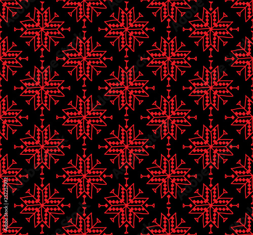 Seamless pattern stars flowers Ornament of Russian folk embroidery, black red background. Can be used for fabrics, wallpapers, websites. Vector