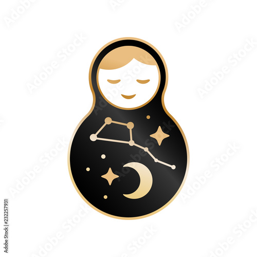 Russian doll matrioshka Babushka smiling Kawaii cute face, Stars, moon, constellation Ursa Major the Great Bear, night sky. Black gold isolated on white background for fashion patches badges. Vector