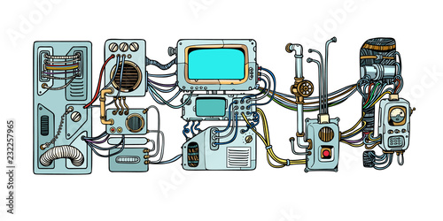 Cyberpunk robots mechanisms and machines. Details of the spacecr