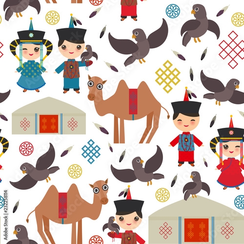Seamless pattern Mongolian boy and girl national costume. Cartoon children in traditional dress. Hunter, hunting with an eagle, camel, traditional dwellings, such as the yurt and the tent. Vector