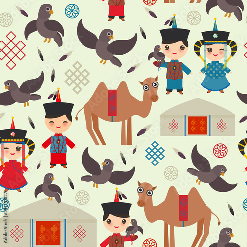 Seamless pattern Mongolian boy and girl national costume. Cartoon children in traditional dress. Hunter, hunting with an eagle, camel, traditional dwellings, such as the yurt and the tent. Vector