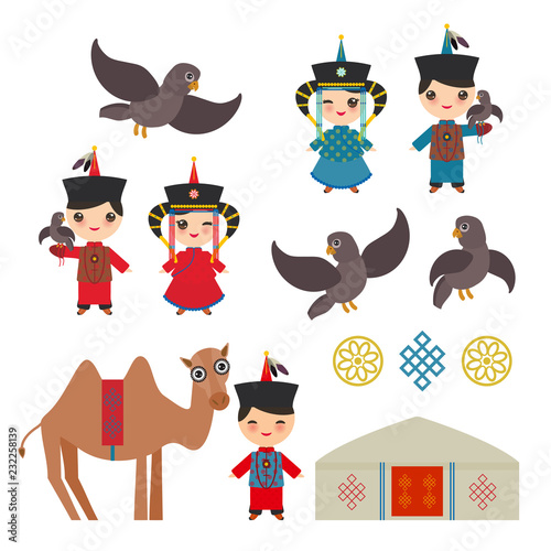 Mongolian boy and girl national costume. Cartoon children in traditional dress. Hunter, hunting with an eagle, camel, traditional dwellings, such as the yurt and the tent. Vector