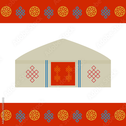 Architecture of Mongolia traditional dwellings, such as the yurt and the tent. covered with skins or felt, nomads in the steppes of Central Asia. Card banner template, red Mongolian ornament. Vector