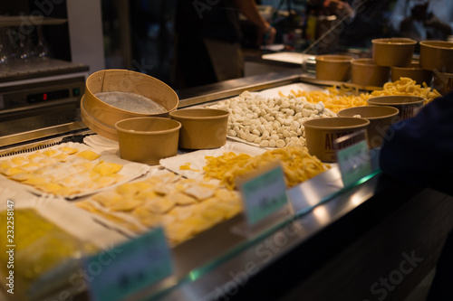 Fresh homemade pasta in a shop display in Rome, Italy