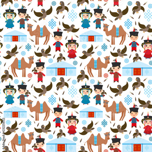 Seamless pattern Mongolian boy and girl national costume. Cartoon children in traditional dress. Hunter, hunting with an eagle, camel, traditional dwellings, such as the yurt and the tent. Vector