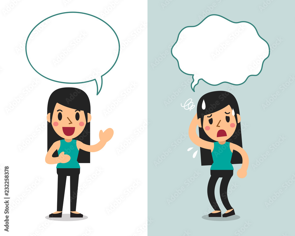 Vector cartoon character a woman expressing different emotions with speech bubbles Vector cartoon character a woman expressing different emotions with speech bubbles