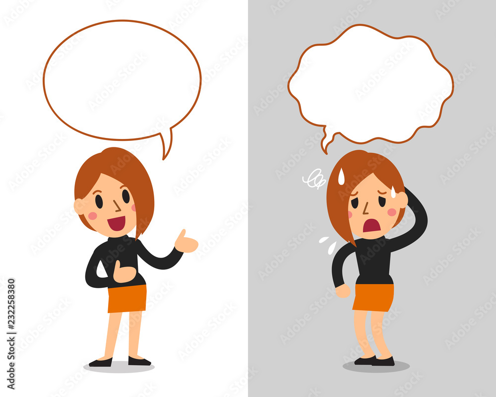 Vector cartoon character cute woman expressing different emotions with  speech bubbles Stock Vector | Adobe Stock