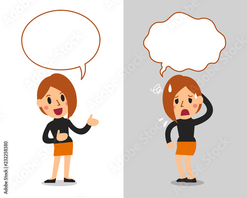 Vector cartoon character cute woman expressing different emotions with speech bubbles
