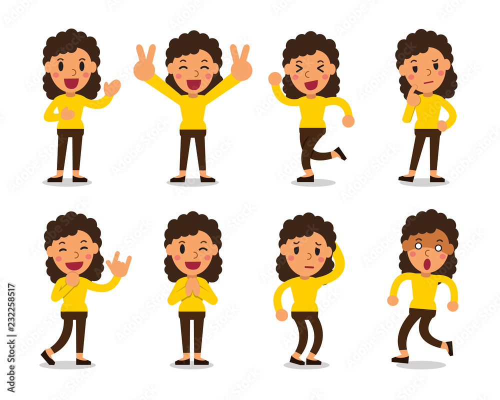 Set of vector cartoon woman character poses