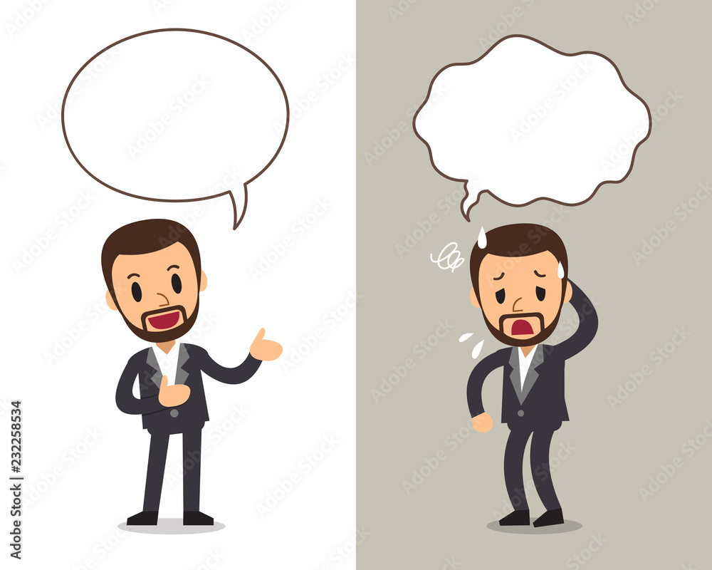 Vector cartoon character a man expressing different emotions with speech bubbles Vector cartoon character a man expressing different emotions with speech bubbles