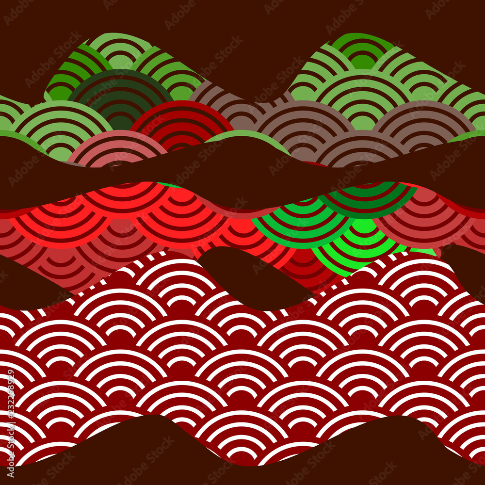 seamless pattern dragon fish scales simple Nature background with japanese wave circle pattern dark brown burgundy maroon green red background. Vector seamless pattern dragon fish scales simple Nature background with japanese wave circle pattern dark brown burgundy maroon green red background. Vector