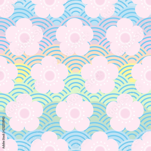 seamless pattern pink flowers japanese cherry blossoms on blue rainbow background. Asian simple ornament, oriental style scales, japanese circle. Can be used for fabrics, wallpapers. Vector