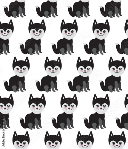 seamless pattern Kawaii funny black gray husky dog, face with large eyes and pink cheeks, isolated on white background. Vector