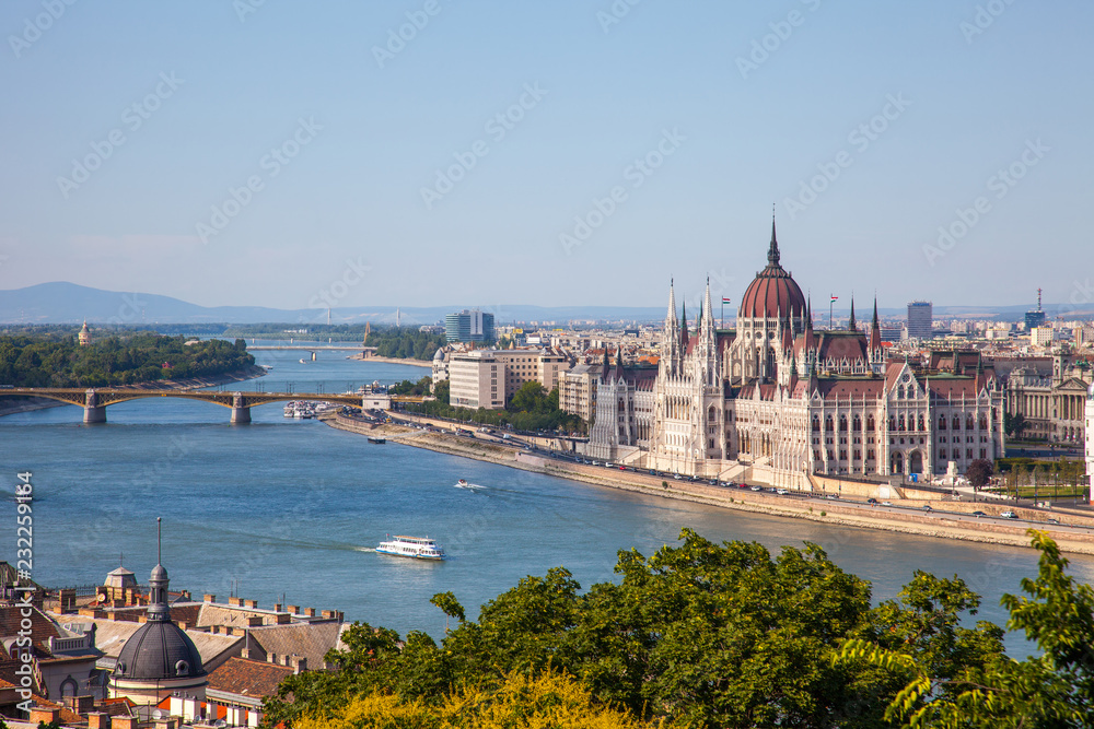 amazing building of Parliament in Budapest and ships in front of it