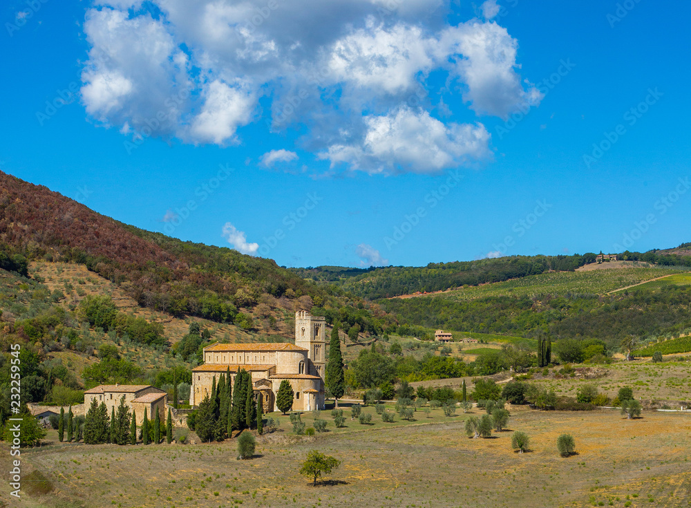 Abbey of Sant'Antimo in autumn, Montalcino, Tuscany, Italy