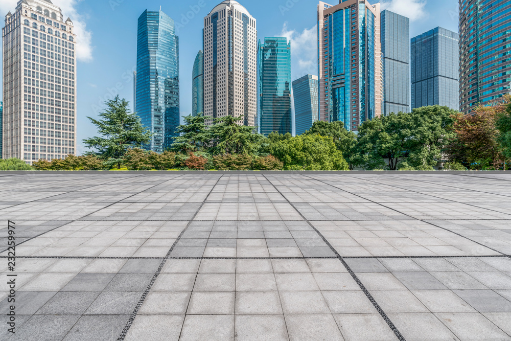 Blue sky, empty marble floor and skyline of Shanghai urban architecture. Blue sky, empty marble floor and skyline of Shanghai urban architecture.