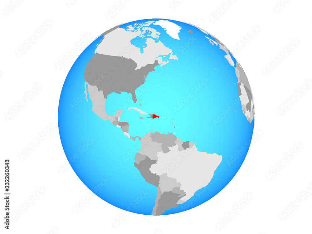 Dominican Republic on blue political globe. 3D illustration isolated on white background.