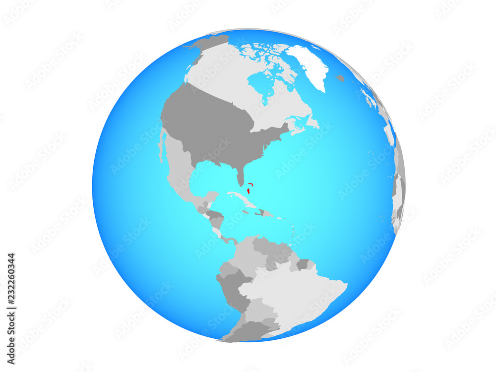 Bahamas on blue political globe. 3D illustration isolated on white background.