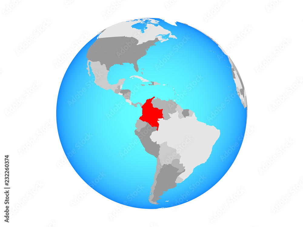 Colombia on blue political globe. 3D illustration isolated on white background.