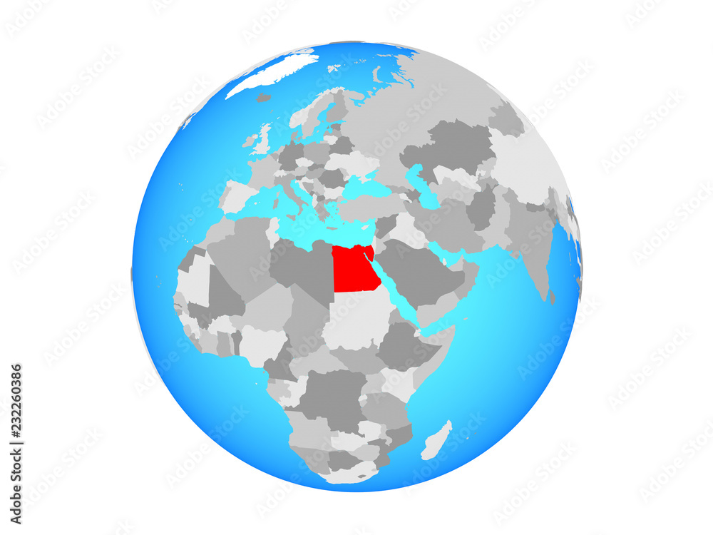 Egypt on blue political globe. 3D illustration isolated on white background.