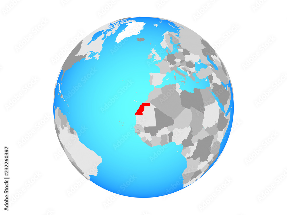 Fototapeta premium Western Sahara on blue political globe. 3D illustration isolated on white background.