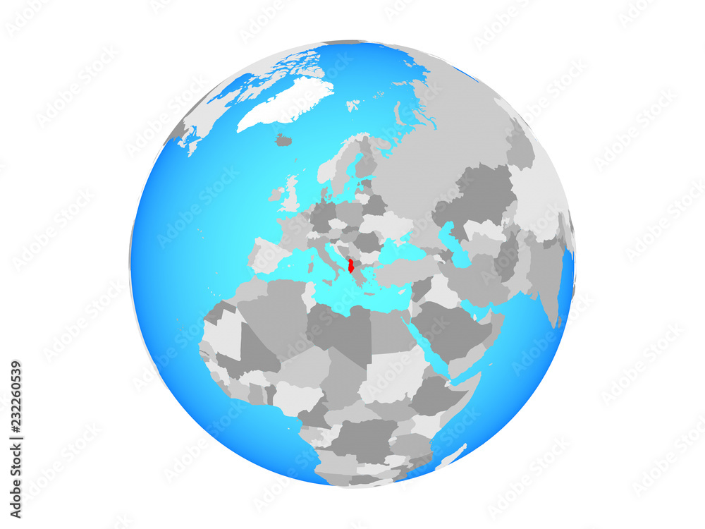 Albania on blue political globe. 3D illustration isolated on white background.