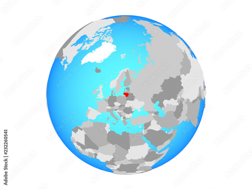 Fototapeta premium Lithuania on blue political globe. 3D illustration isolated on white background.