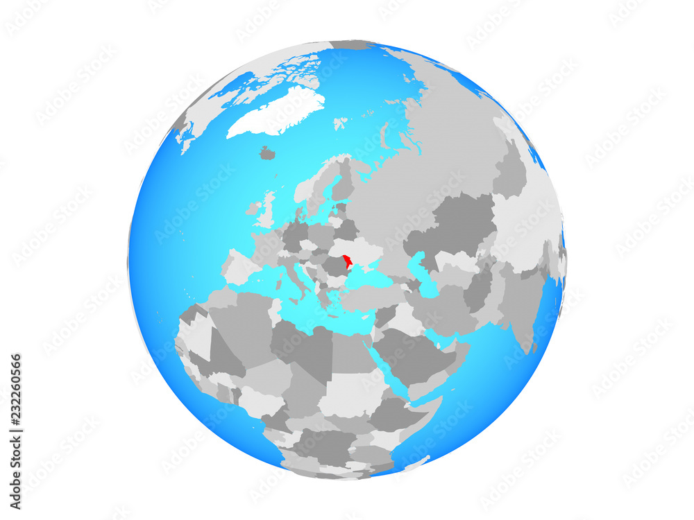 Moldova on blue political globe. 3D illustration isolated on white background.