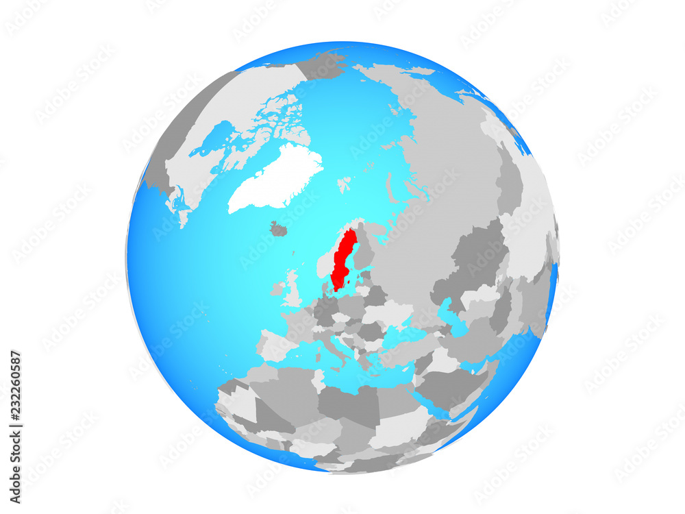 Sweden on blue political globe. 3D illustration isolated on white background.