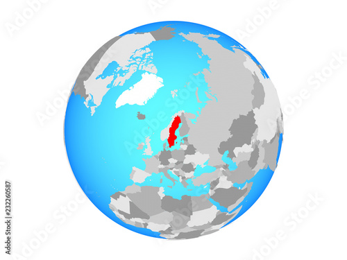 Sweden on blue political globe. 3D illustration isolated on white background.