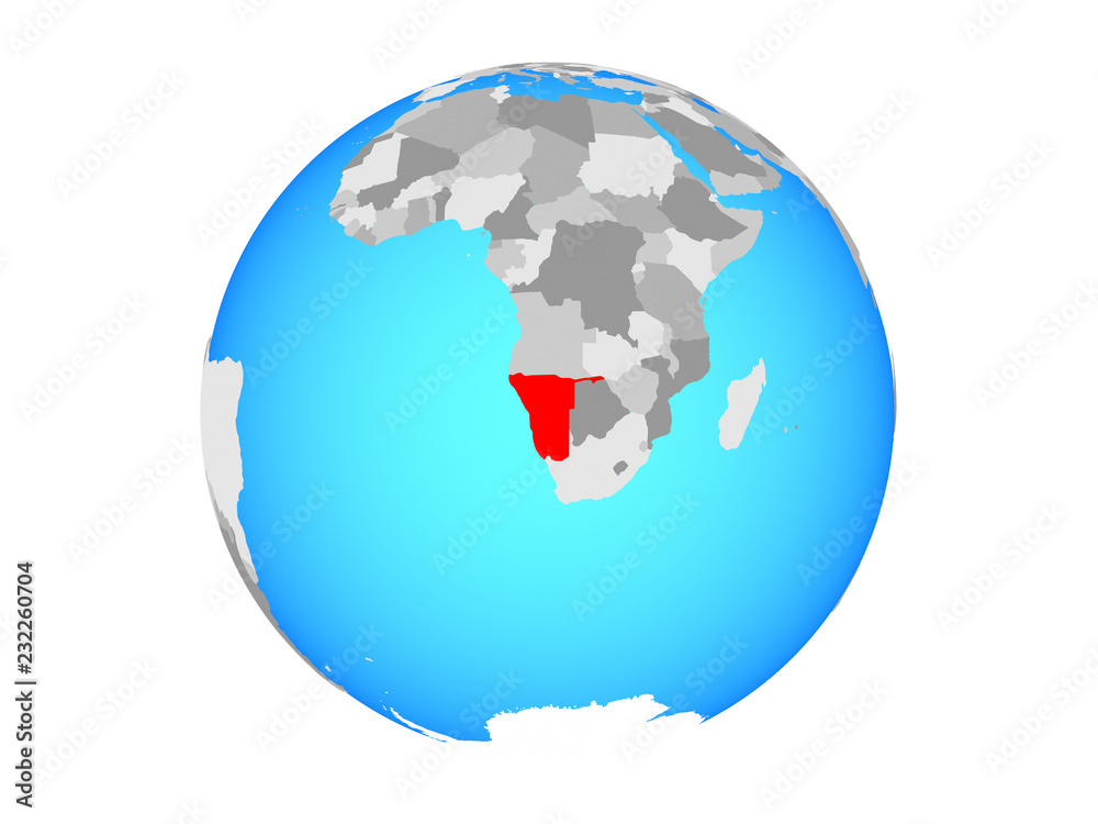 Namibia on blue political globe. 3D illustration isolated on white background.