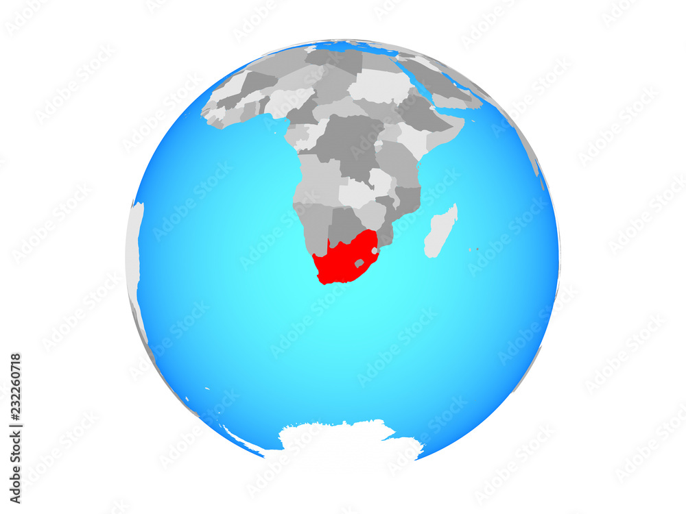 South Africa on blue political globe. 3D illustration isolated on white background. South Africa on blue political globe. 3D illustration isolated on white background.