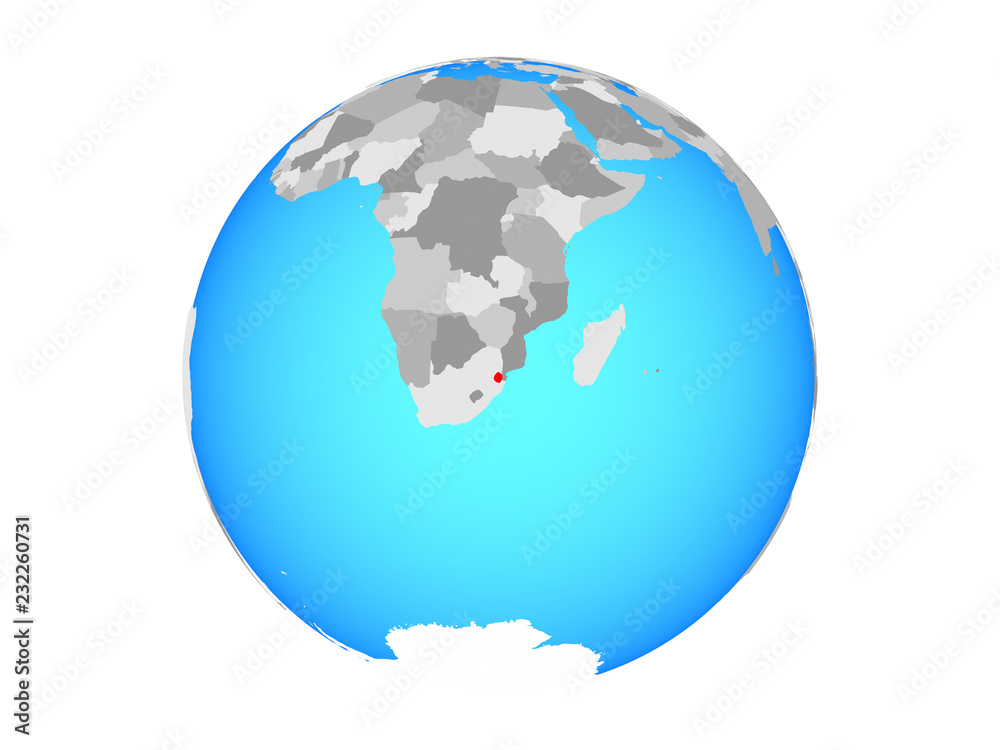 eSwatini on blue political globe. 3D illustration isolated on white background. eSwatini on blue political globe. 3D illustration isolated on white background.