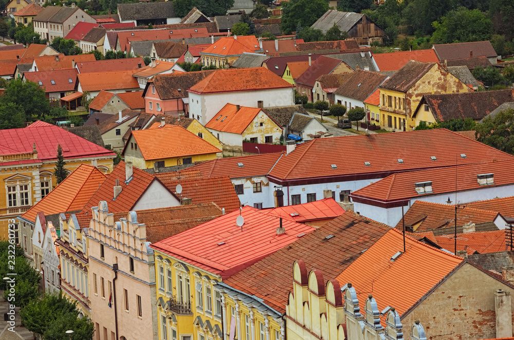 Scenic view of medieval Slavonice city in Czech Republic. Colorful buildings with red tile roofs. Slavonice, Czech Republic
