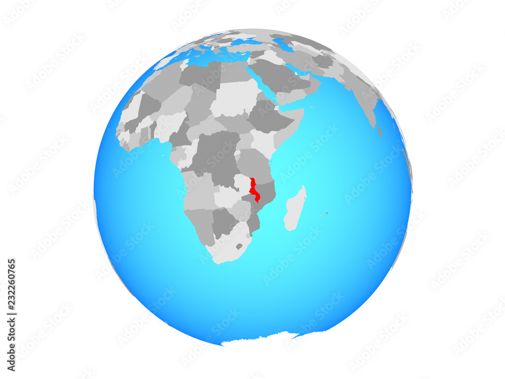 Malawi on blue political globe. 3D illustration isolated on white background.