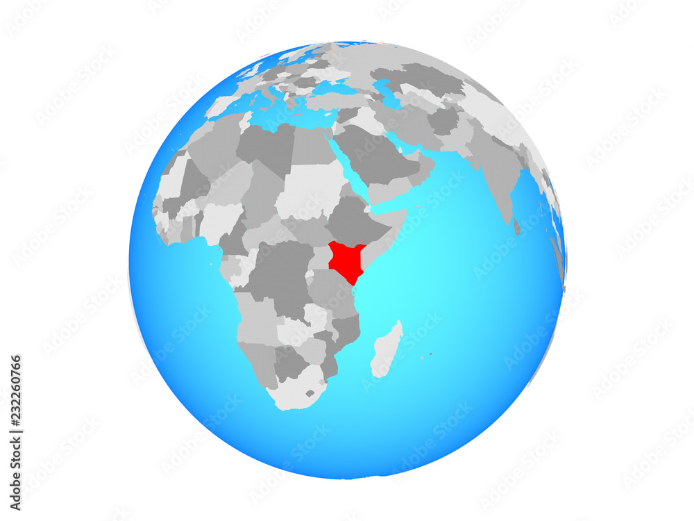Kenya on blue political globe. 3D illustration isolated on white background.