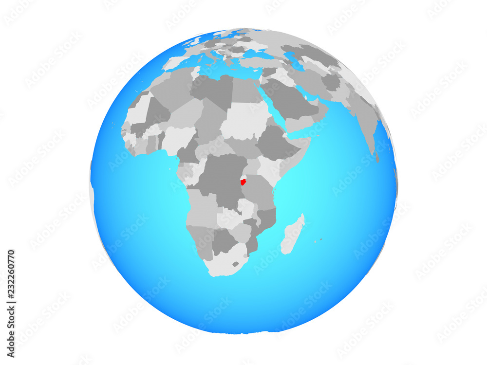 Burundi on blue political globe. 3D illustration isolated on white background.