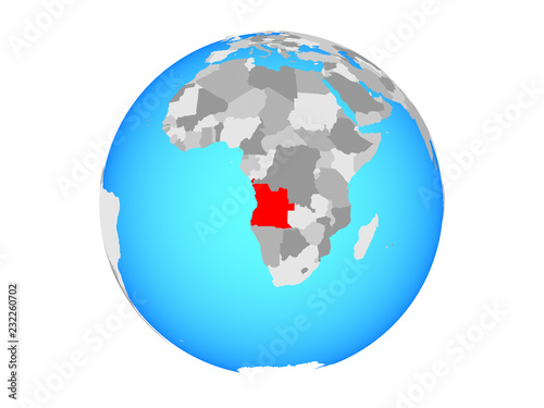 Angola on blue political globe. 3D illustration isolated on white background.