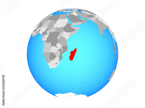 Madagascar on blue political globe. 3D illustration isolated on white background.