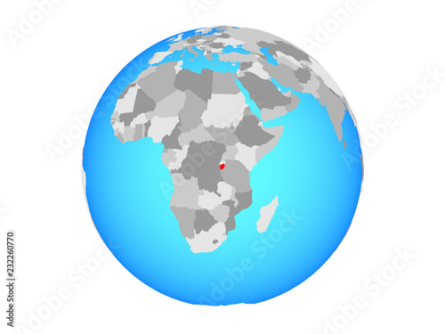 Burundi on blue political globe. 3D illustration isolated on white background.