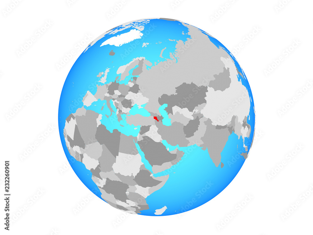 Armenia on blue political globe. 3D illustration isolated on white background.