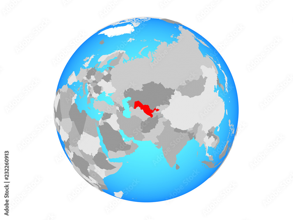 Uzbekistan on blue political globe. 3D illustration isolated on white background.