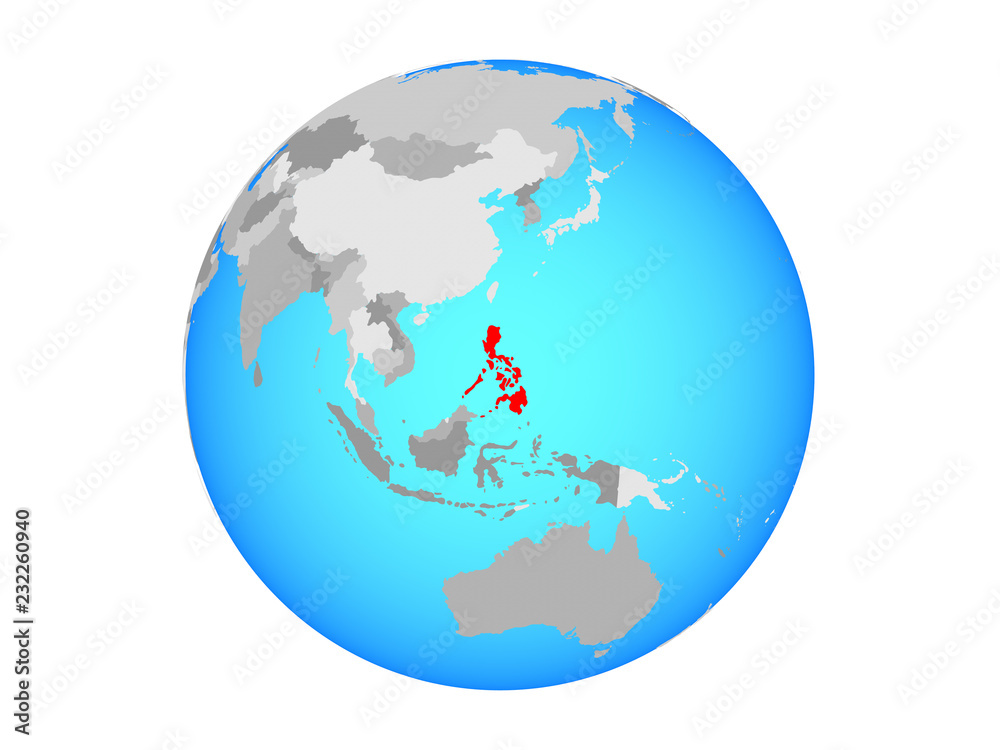 Naklejka premium Philippines on blue political globe. 3D illustration isolated on white background.