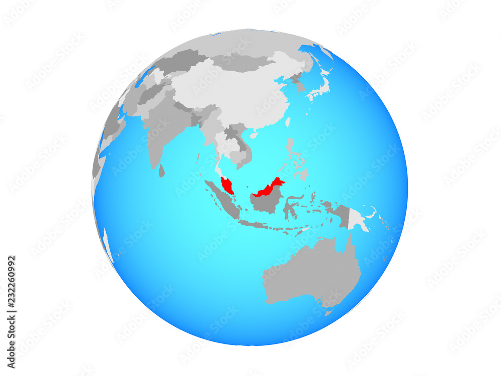 Fototapeta premium Malaysia on blue political globe. 3D illustration isolated on white background.