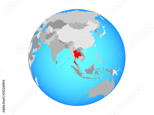 Thailand on blue political globe. 3D illustration isolated on white background.