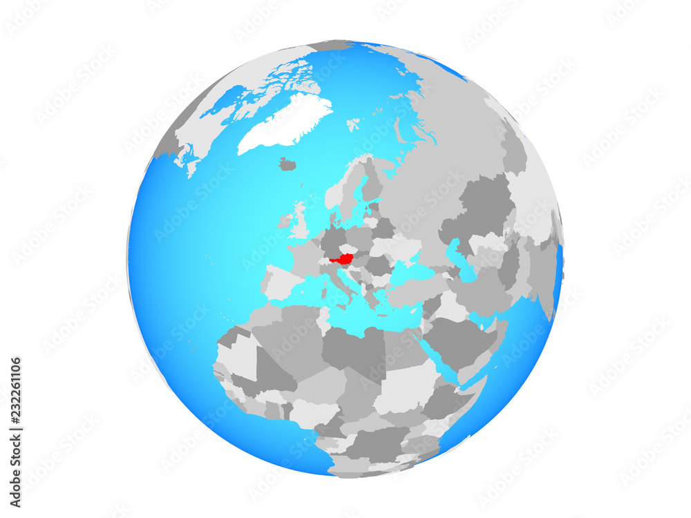 Austria on blue political globe. 3D illustration isolated on white background.